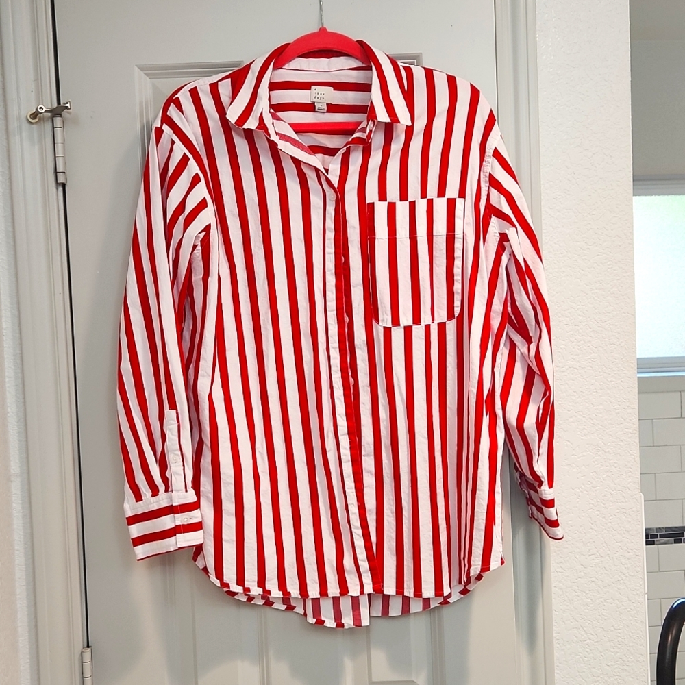 Red and white striped button down size large